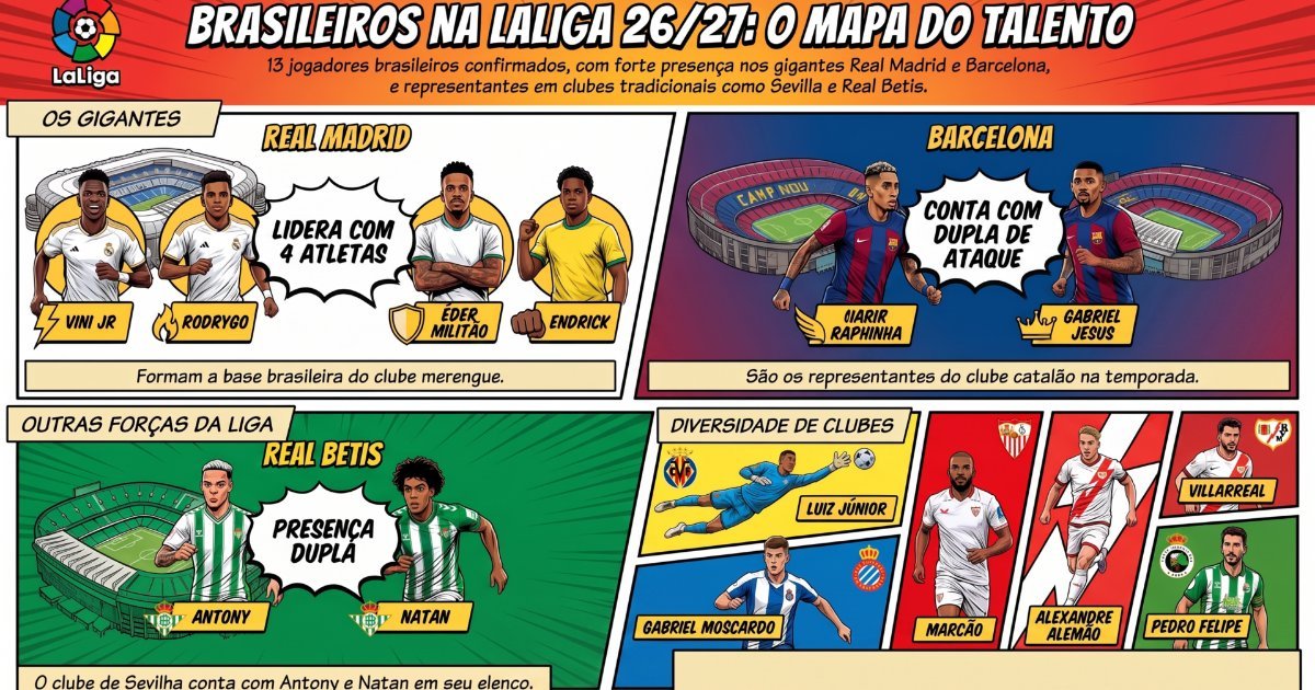 Infográfico com os 13 brasileiros da LaLiga 2026/27 e seus clubes
